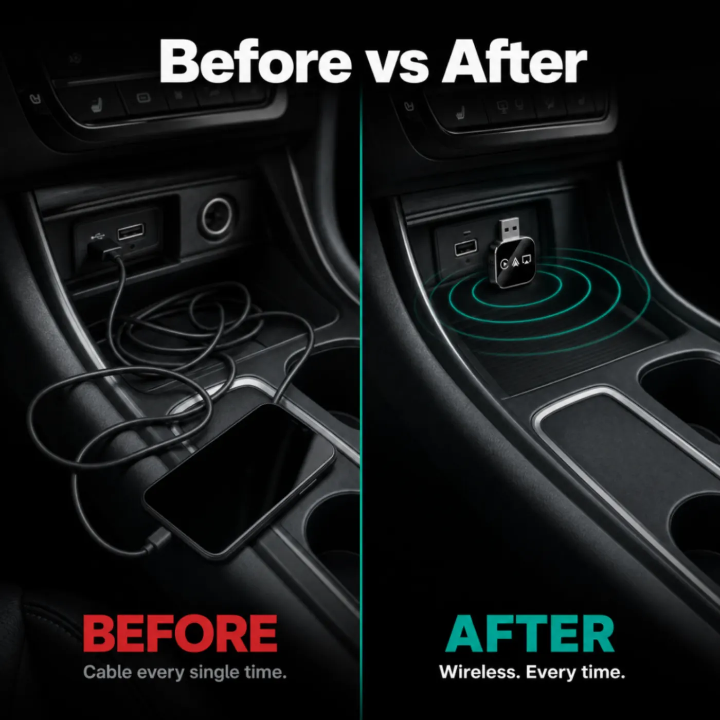 Before: tangled cables. After: wireless CarPlay.